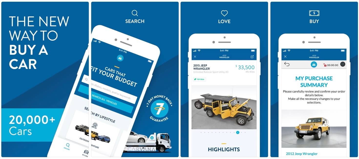 Screenshots of the Carvana app