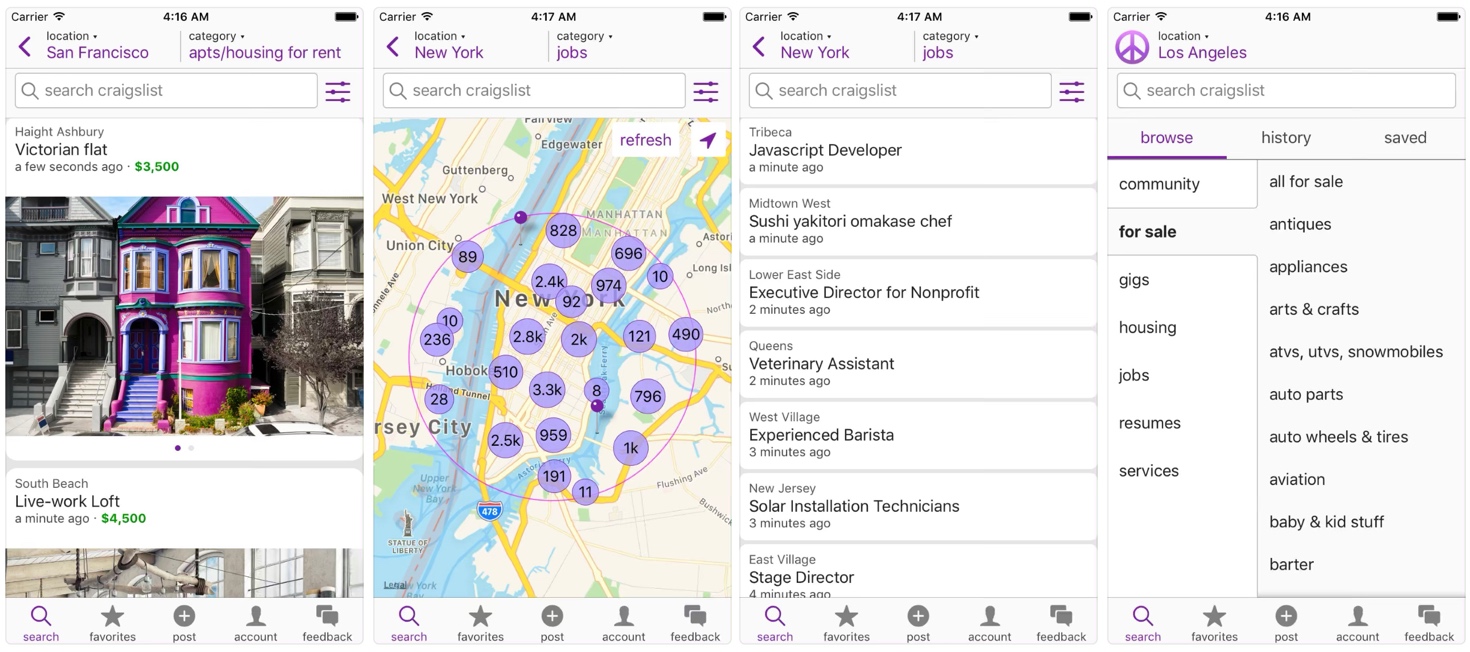 Screenshots of the Craigslist app