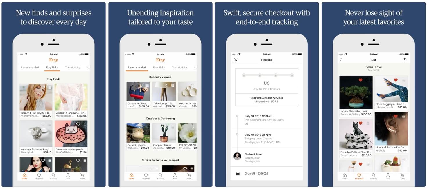 Screenshots of the Etsy app