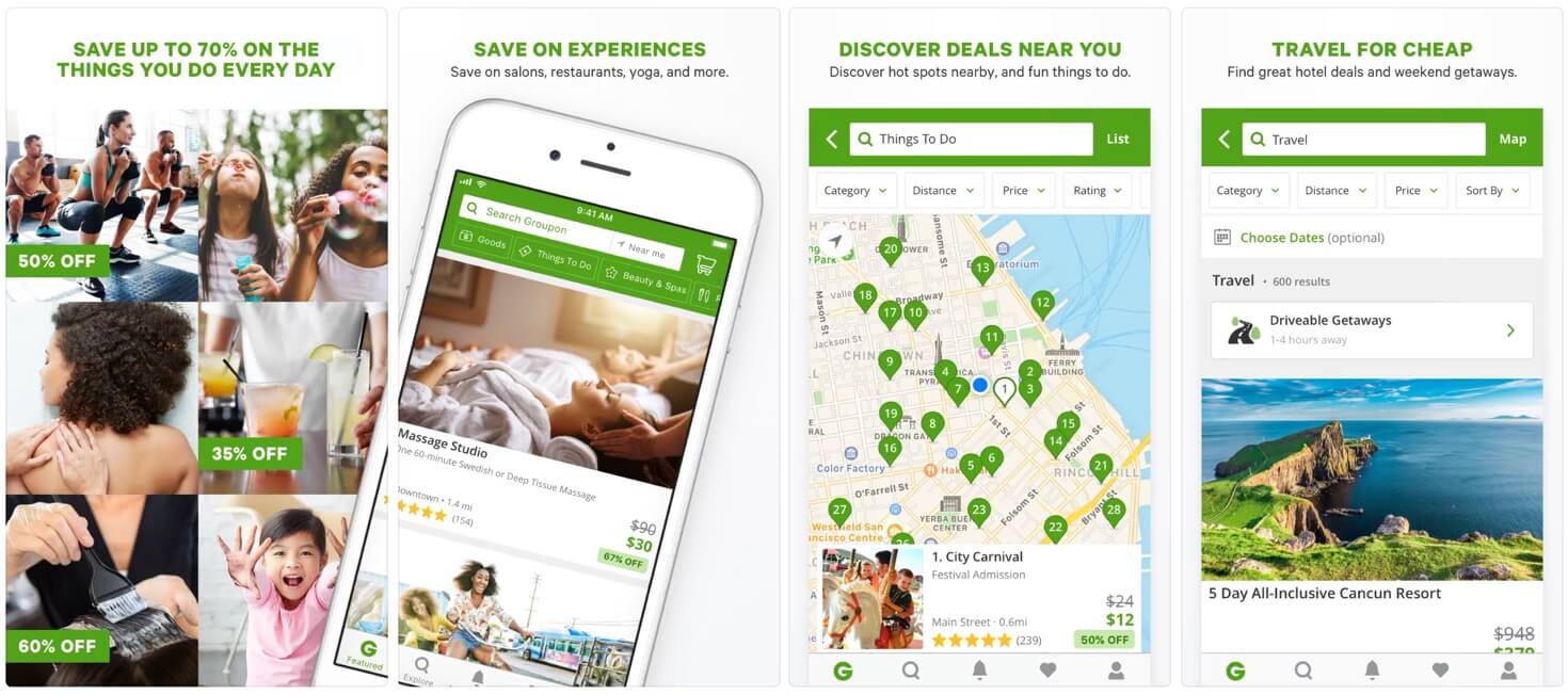 Screenshots of the Groupon app