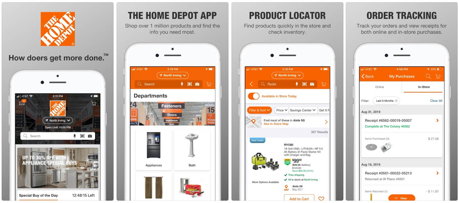 Screenshots of The Home Depot app