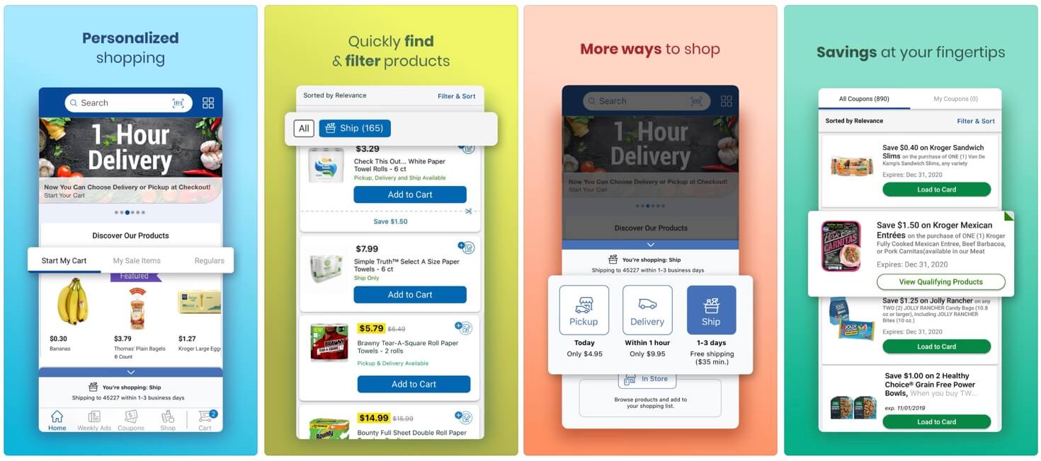 Screenshots of the Kroger app