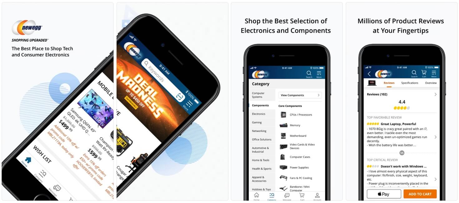 Screenshots of the Newegg app