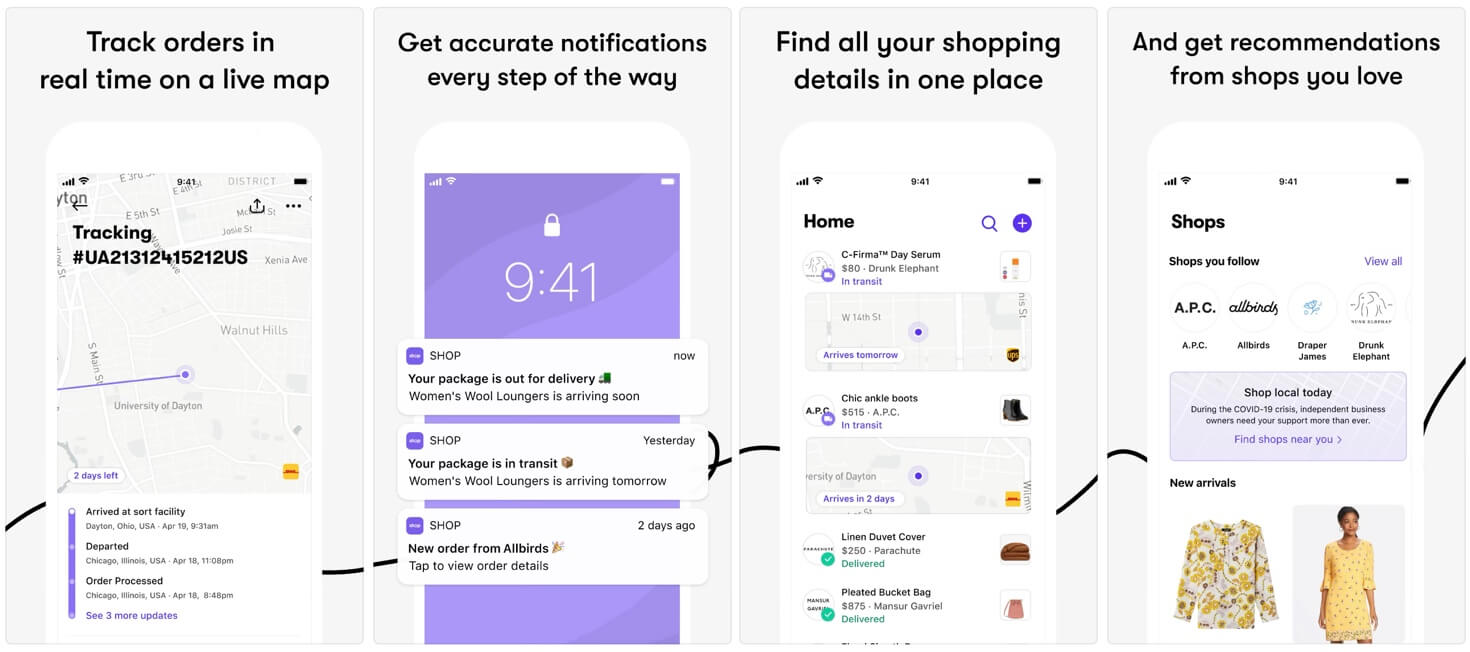 Screenshots of the Shop tracking app