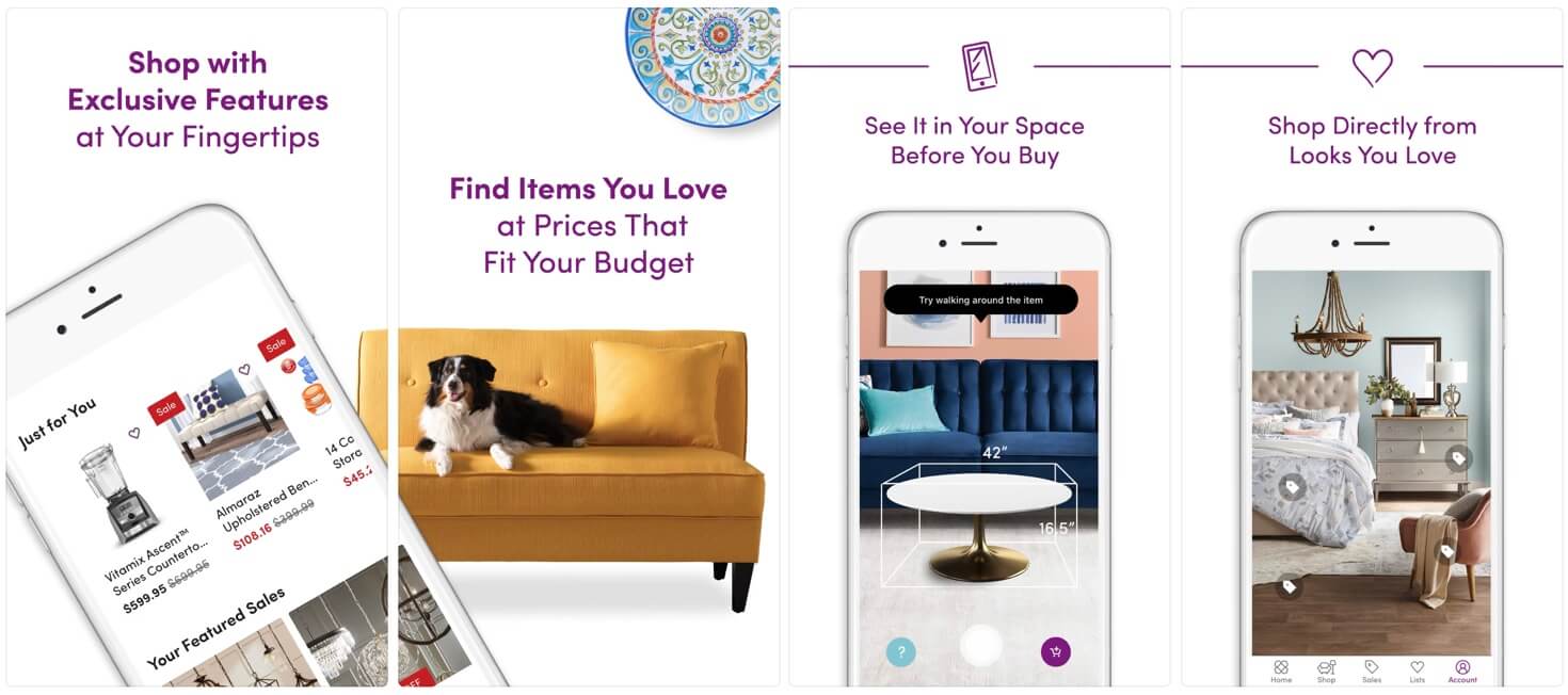 Screenshots of the Wayfair app