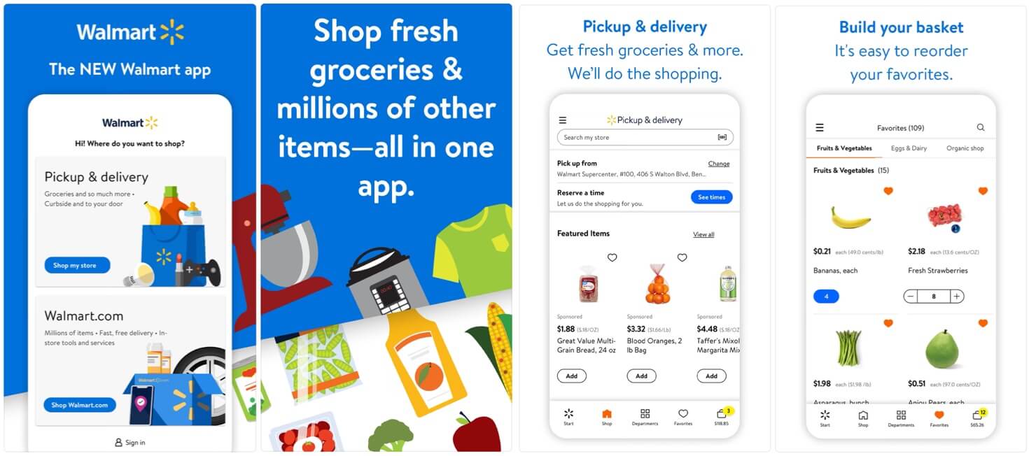 Screenshots of the Walmart app