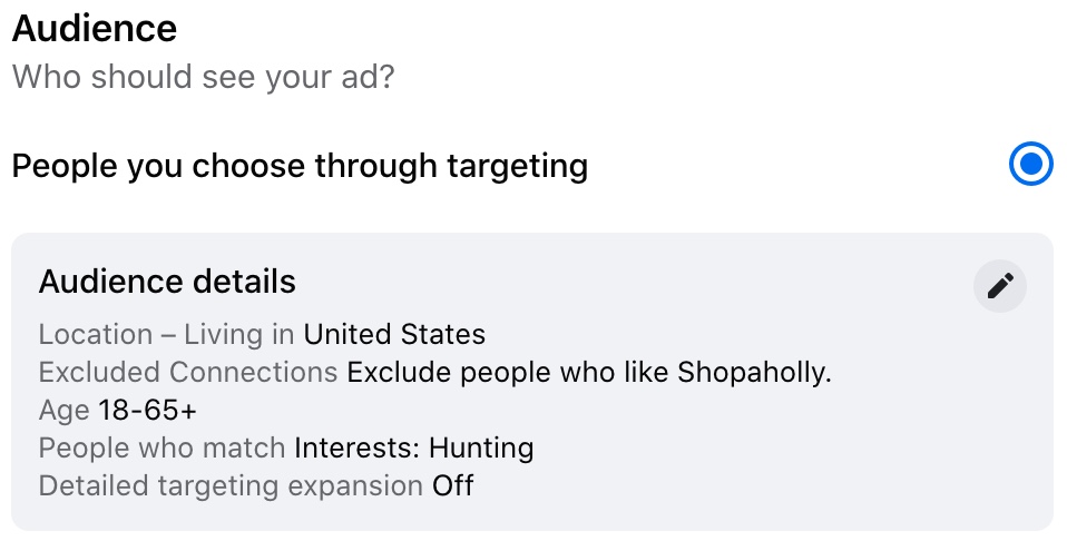 Example of audience for Facebook ad