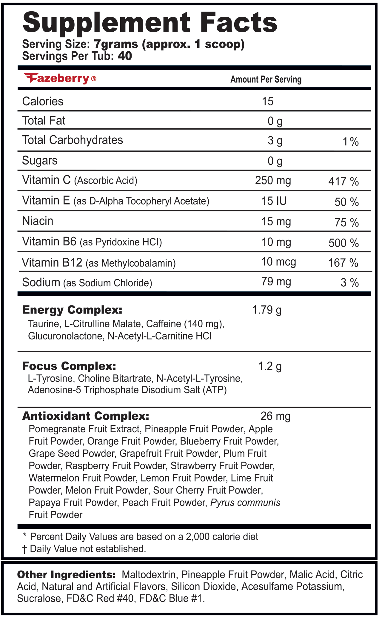 FazeBerry G Fuel ingredients label